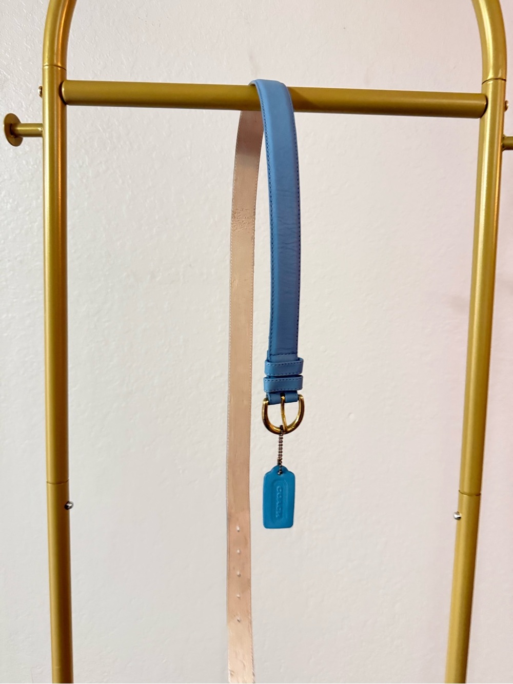 Vintage Coach Blue Leather Belt L/XL Made USA Gold Brass